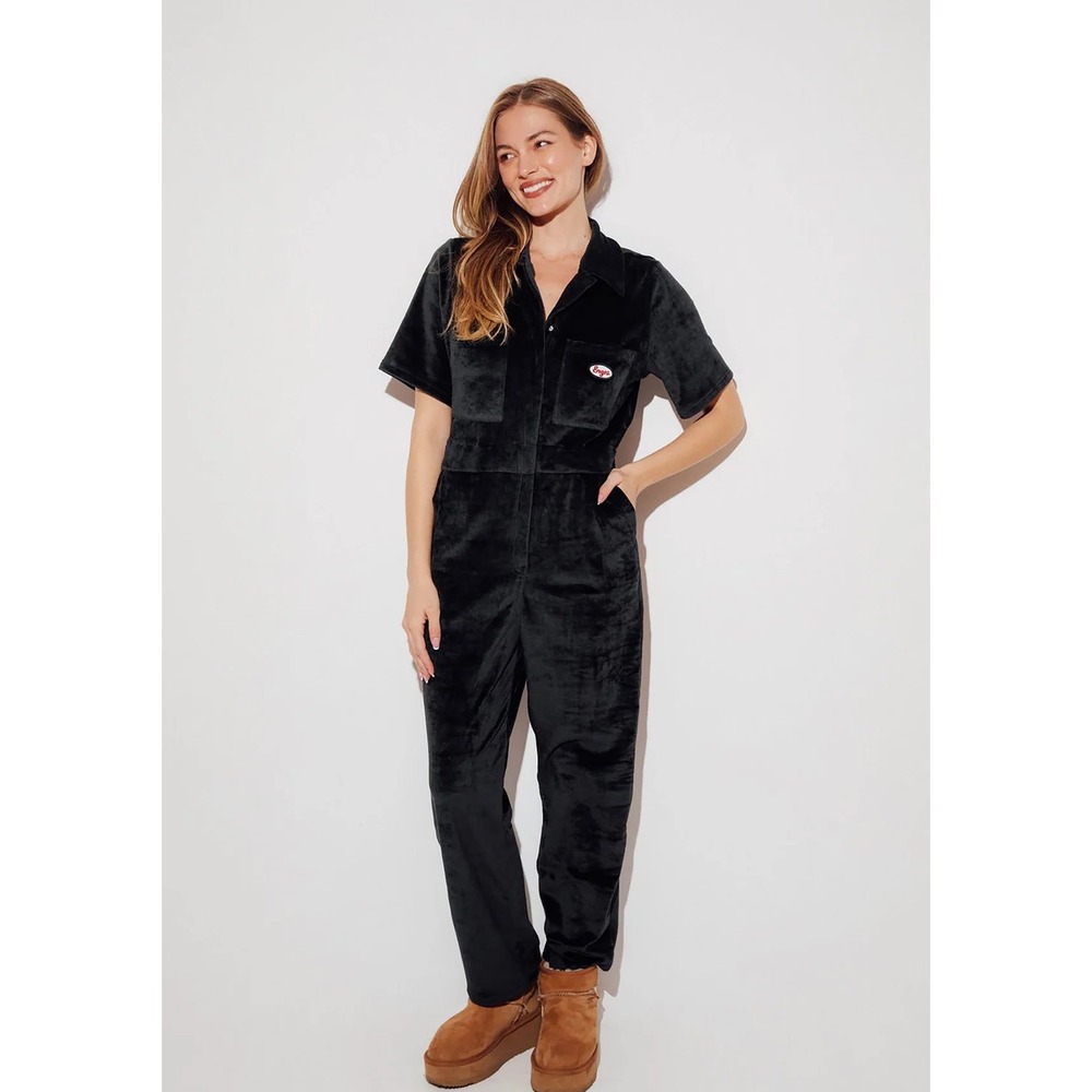 Enzo Womens Apres Black Velour Short Sleeve Utility Jumpsuit Med loungewear